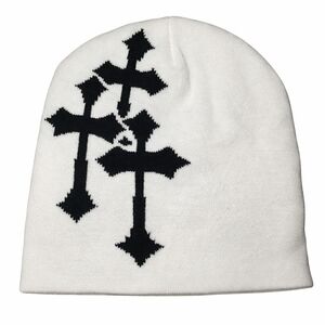 White unisex beanie hat with black Christian Cross design.